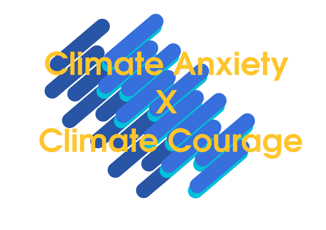 Logo vom Seminar Climate Anxiety X CLimate Courage, yellow letters in front of blue stylized clouds.